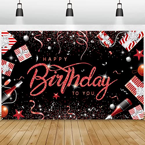 GRESATEK Rot Schwarz Geburtstag Banner, Happy Birthday Banner Party Deko, Extra Großes Banner Drinnen und Draußen Poster Geburtstagsdeko Hintergrund für Mädchen und Frauen von GRESATEK