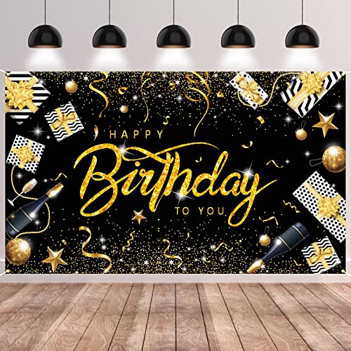 GRESATEK Schwarzes Gold Happy Birthday Banner, Geburtstag Banner Party Deko, Extra Großes Banner Drinnen und Draußen Poster Geburtstagsdeko Hintergrund von GRESATEK