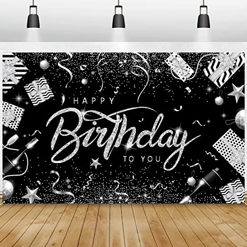 GRESATEK Silber Schwarz Geburtstag Banner, Happy Birthday Banner Party Deko, Extra Großes Banner Drinnen und Draußen Poster Geburtstagsdeko Hintergrund für Mädchen und Frauen von GRESATEK