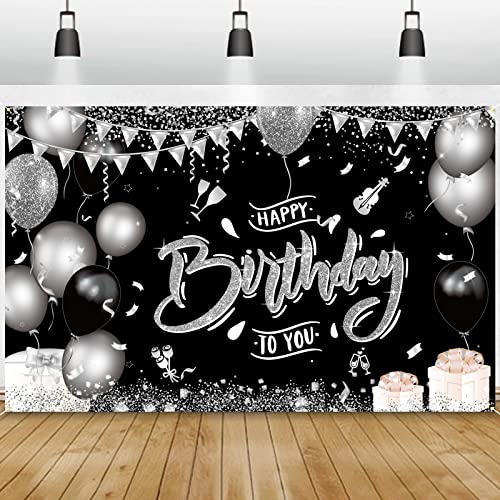 GRESATEK Silber Schwarz Geburtstagsbanner, Happy Birthday Banner Party Hintergrund für Geburtstagsdeko, Extra Großes Banner Deko Drinnen und Draußen Poster für Mann und Frauen von GRESATEK