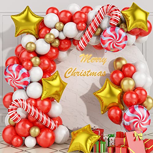 GRESATEK Weihnachts Ballon Girlande Kit, Weihnachten Deko 100 Stück Rot Weiß Gold Latex Luftballons 18 Zoll Folienballons Übergroße Christmas Krücke Buntes Dekoration Ideal für Xmas Party von GRESATEK