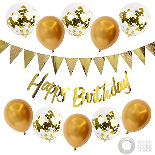 Geburtstag Dekoration Set,Gold Happy Birthday Banner Set mit Gold Luftballons Konfetti Ballons Dreiecksflaggen Girlanden für Geburtstag Deko Party Supplies von GRESATEK