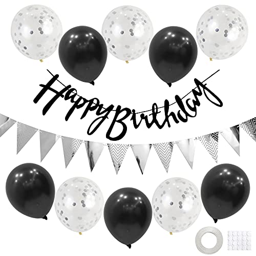 Geburtstag Dekoration Set,Silber Schwarz Happy Birthday Banner Set mit Luftballons Konfetti Ballons Dreiecksflaggen Girlanden für Geburtstag Deko Party Supplies von GRESATEK