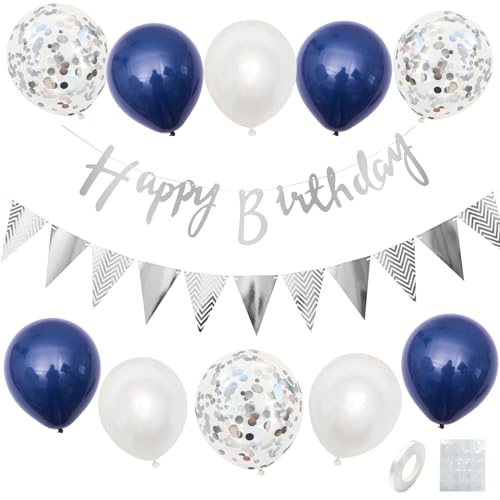Geburtstagsdeko Blau Weiß,Geburtstag Dekoration Set Mit Happy Birthday Girlande Blau Luftballons Weiß Konfetti Metallic Ballons für Männer Frauen Geburtstag Party Deko von GRESATEK