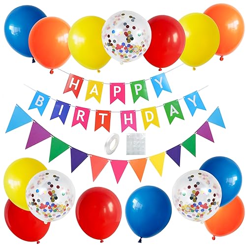 Geburtstagsdeko Bunt,Geburtstag Dekoration Set Mit Happy Birthday Girlande Blau Gelb Rot Orange Luftballons für Männer Frauen Geburtstag Party Deko von GRESATEK