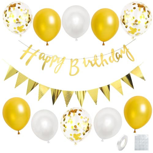 Geburtstagsdeko Gold Weiß,Geburtstag Dekoration Set Mit Happy Birthday Girlande Weiß Luftballons Gold Konfetti Metallic Ballons für Männer Frauen Geburtstag Party Deko von GRESATEK