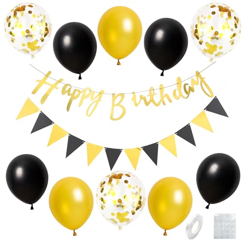 Geburtstagsdeko Schwarz Gold,Geburtstag Dekoration Set Mit Happy Birthday Girlande Schwarz Luftballons Gold Konfetti Metallic Ballons für Männer Frauen Geburtstag Party Deko von GRESATEK