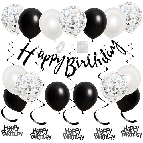 Geburtstagsdeko Schwarz Silber,Geburtstag Dekoration Set Mit Happy Birthday Girlande Schwarz Luftballons Silber Konfetti Metallic Ballons für Männer Frauen Geburtstag Party Deko von GRESATEK
