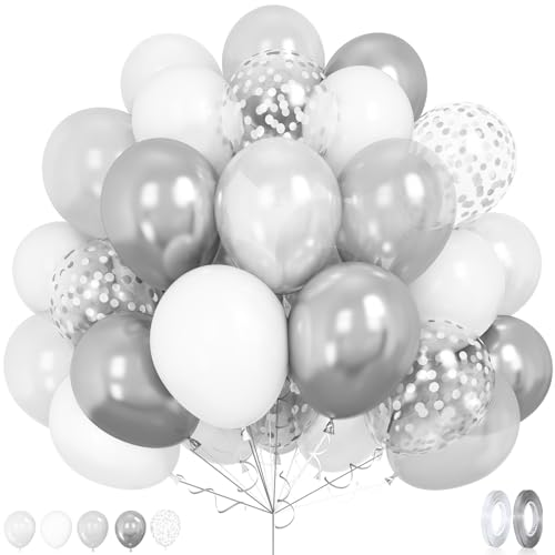 Luftballons Silber Weiß Set, 50 Stück 12 Zoll Metallic Silber Weiß Perlweiss Konfetti Luftballons für Hochzeit Geburtstag Babyparty Abschlussfeier Party Deko von GRESATEK