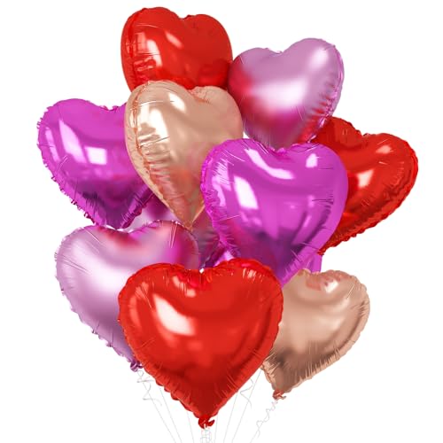 Roségold Herz Luftballons, 10Pcs Hot Pink Rot Folie Herz Geformt Luftballons, 18Inch Rot Lila Helium Mylar Luftballons für Valentinstag, Verlobung, Geburtstag, Baby Dusche, Hochzeit Party Dekoration von GRESATEK