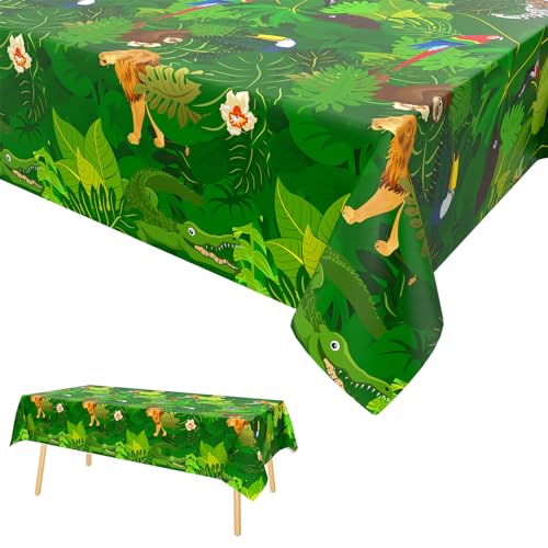 Safari Dschungel Tischdecke,Grün Party Tischdecke Kunststoff Einweg Tischdecke Junge Thema Geburtstag Partyzubehör für Kinder Jungen Mädchen 137 x 274cm von GRESATEK