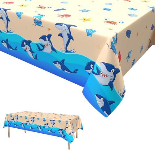 Tischdecke Baby Shark,Ozean Wellen Hai Party Tischtuch Plastik Wasserdicht Einweg Tischdecke für Ozean Geburtstag Jubiläum Party Supplies 137 x 274cm von GRESATEK