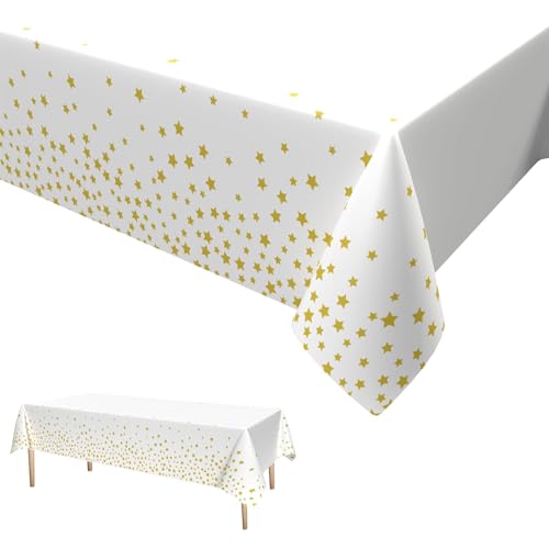 Weiß Gold Tischdecken,Gold Star Konfetti Party Tischtuch Plastik Wasserdicht Einweg Tischdecke für Party Picknick Geburtstag Jubiläum 137 x 274cm von GRESATEK