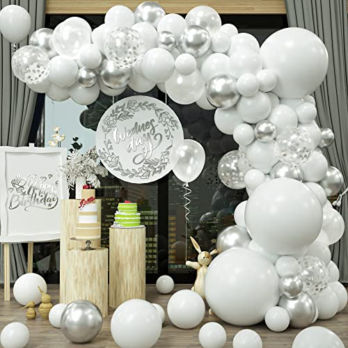 Weiß Silber Luftballons Girlande,GRESATEK Weiß Silber Ballon Girlande Helium Ballonbogen Kit für Geburtstagsdeko Engagement Babydusche Jubiläum Hochzeit Dekorationen von GRESATEK