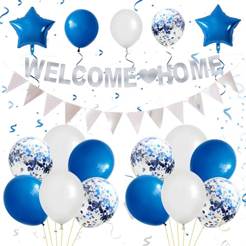 Willkommen Zuhause Deko,Girlande Willkommen Zuhause Banner Set mit Blau Silber Luftballons,Konfetti-Luftballons,Welcome Home Banner,Wimpelkette für Babyshowerparty,Geburt,Fest Dekorations von GRESATEK