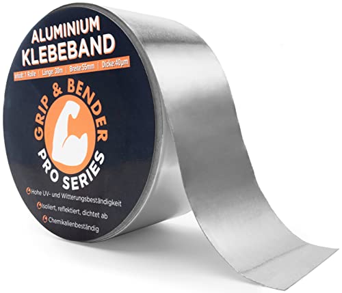 GRIP&BENDER Aluminium Klebeband zum Abdichten - Wasserdichtes Alu-Klebeband für Aussen mit 55mm Breite - Selbstklebendes Alu-Tape für Dampfsperre Alu-Band (55mm x 30m) von GRIP&BENDER