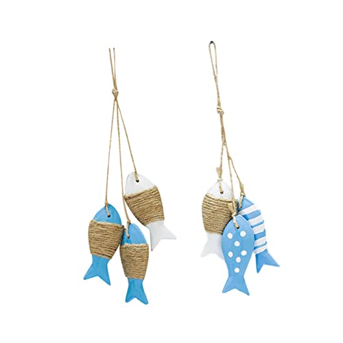 GRIRIW 2 Stück Mediterrane Fischdeko Set aus Holz Hängende Wanddekoration im Maritimen Stil mit Juteseil für Strand und Küstendekoration Ihrem Zuhause von GRIRIW
