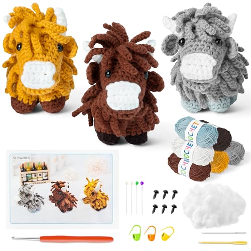 GROBRO7 20Pcs Hochlandkuh Häkelset DIY Komplett Tiere Häckeln Stricken mit Häkelnadeln Garn, Anfänger Häkel Starter Kit mit Schritt-für-Schritt-Video-Anleitungen für Kinder Erwachsene Geschenk von GROBRO7