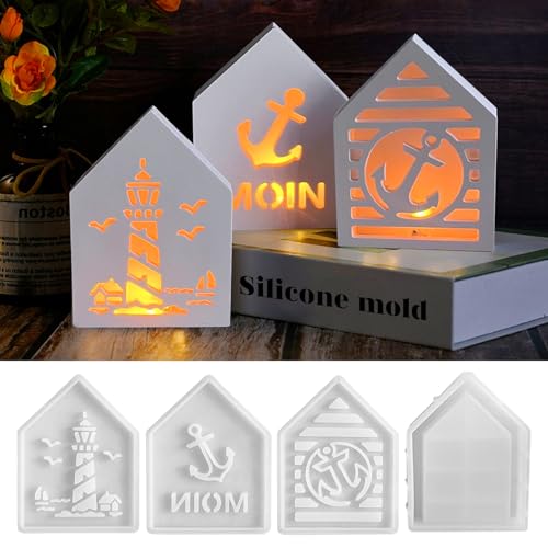 GROOFOO 4 Stück Silikonformen Gießformen Häuser – 3D Deko Silikonform Haus, Leuchtturm & Anker Set für Resin, Kerzen, Gips & Bastelarbeiten von GROOFOO