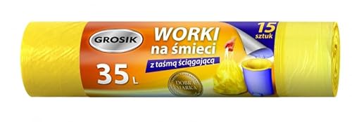 GROSIK Müllsäcke mit Klebeband/Für Zuhause/Fürs Büro/Für die Garage/Fürs Büro/Für die Produktion/Langlebig/Reißfest/Kordelzug/HDPE/ 35l/ 15 Stück pro Rolle/gelb GROSIK Müllsäcke mit Klebeband/Für Zuhause/Fürs Büro/Für die Garage/Fürs Büro/Für die Produktion/Langlebig/Reißfest/Kordelzug/HDPE/ 35l/ 15 Stück pro Rolle/gelb von GROSIK