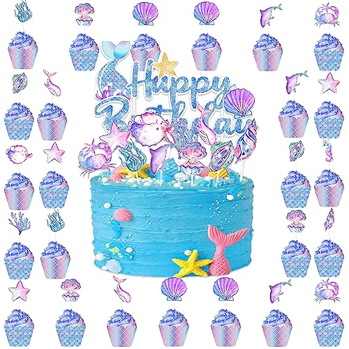 GROVBL 25 Stück Meerjungfrau Tortendeko Topper zum Thema Meerjungfrau geburtstag deko Tortendeko Mädchen Partydeko Meerjungfrau Deko Kindergeburtstag Ozean Cupcake Toppers Schwanz Kuchendeko von GROVBLE