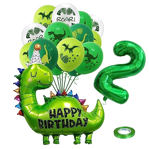 GROVBLE 17 Stück Dino Luftballon, dino luftballon zum 2. Geburtstag Deko Kindergeburtstag Junge Latexballons für Dinosaurier Geburtstag Grüner Dekorationen,Babyparty, Dschungel Partyzubehör… von GROVBLE