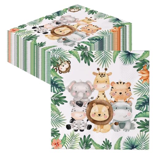 GROVBLE 40 STÜCKE Servietten Kindergeburtstag,Servietten Dschungel,Party Motiv Tiere,Blätter,Grün für waldtiere Geburtstag und servietten tiere 33x33cm Jungen Tischdeko Party Deko… von GROVBLE