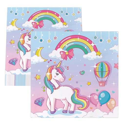 GROVBLE 40 Stück Einhorn Servietten,servietten regenbogen einhorn Mottoparty,servietten mädchen,einhorn servietten kindergeburtstag Partygeschirr Kindergeburtstag,Partygeschirr33*33CM von GROVBLE