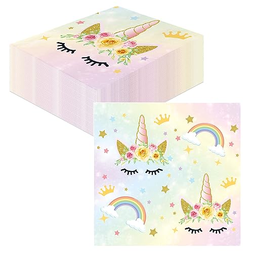 GROVBLE 40 Stück einhorn servietten, einhorn servietten kindergeburtstag,servietten mädchen,servietten happy birthday papierservietten partydekorationen für Babyparty Party Tischdeko 33x33cm von GROVBLE