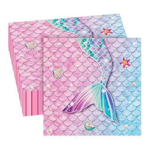 GROVBLE Meerjungfrau Servietten 40 Stück Meerjungfrau Geburtstag Dekoration Meerjungfrau, Einweg-Papier-Servietten für Mädchen Party Tissues, Geburtstag Party Dekoration Zubehör 33 x 33 cm von GROVBLE