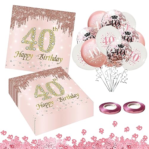 GROVBLE Servietten 40 Geburtstag,40 Stück Papierserviette Mädchen Happy Birthday Servietten Decorations,roségoldene Ballon-Pailletten Party Servietten Tischdeko für 40. Geburtstag servietten (gg) von GROVBLE