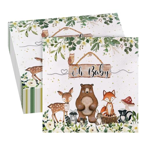 GROVBLE Servietten Babyparty, 40 Stück Oh Baby Servietten Mit Tragen Tier Deko, Ideal für Kind Und Babyshower Junge & Mädchen Zubehör Dekoration 33 x 33cm von GROVBLE