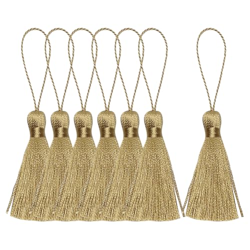 20 Stück 9,4 cm weiche Bastelquasten kleine seidige Quaste, handgefertigt, Lesezeichen-Quaste, Charms, dekorative Nähquasten mit Schlaufe für Schmuckherstellung, goldfarben von GSHLLO