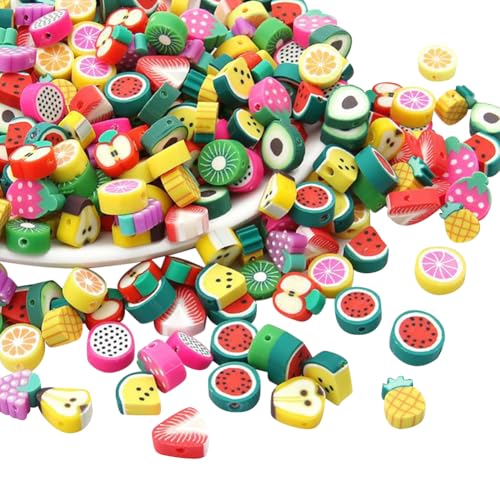 GSHLLO 200 Stück 10 mm Obst-Polymer-Ton-Perlen, bunte Obst-geformte Perlen, niedliches Freundschaftsarmband, Schmuckherstellung, Ton, Charms, kleine Bastelperlen, Abstandshalter für DIY-Projekte von GSHLLO