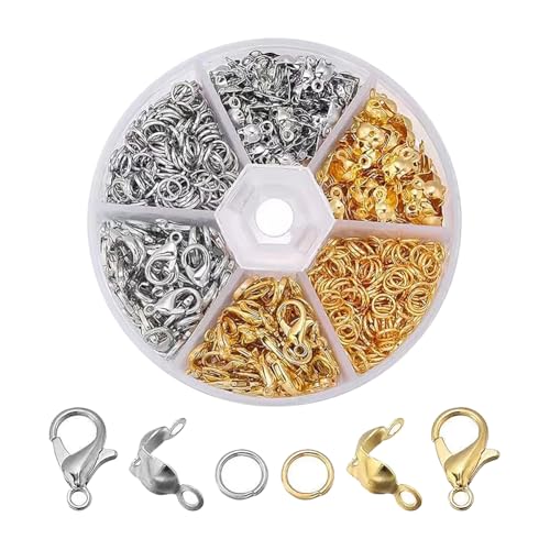 GSHLLO 200 Stück offene Metall-Binderinge und 60 Stück Karabinerverschlüsse und 200 Stück Quetschperlenknotenabdeckungen Schmuckherstellung Zubehör mit Aufbewahrungsbox für Schlüsselanhänger von GSHLLO