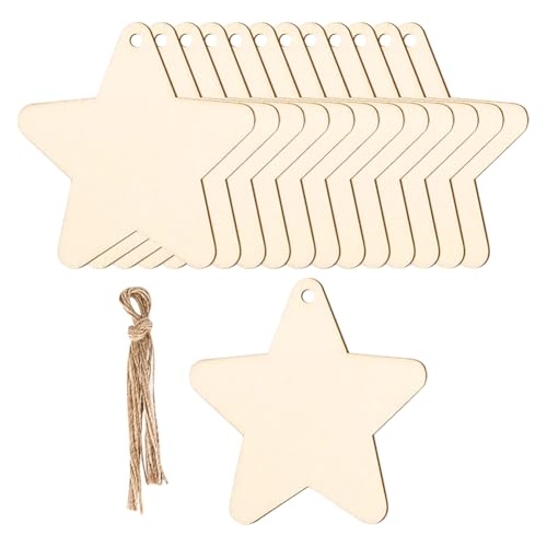 GSHLLO 25 Stück unlackierte Holz-Stern-Ausschnitte, blanko, Stern-Holzanhänger, Ornamente, Weihnachtsbaum, hängende Sterne, dekorative Malausschnitte mit Loch und Schnur zur Dekoration von GSHLLO