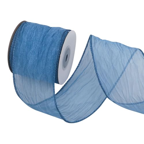 GSHLLO 6,3 cm x 9,1 m Knitterband, durchscheinend, mit Drahtrand, Faltenstoff, rustikales Bastelband, einfarbiges Organzaband für Kranz, Girlande, Blau von GSHLLO