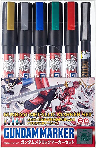 MR.HOBBY\ミスターホビー GMS121 Gundam Metallic Marker Set, Paint Type, Filzstifte, Zum Bemalen von Gunpla, 5 Farben & GM20 Brush Type Schwarz, 6er Set, Meißel MR.HOBBY\ミスターホビー GMS121 Gundam Metallic Marker Set, Paint Type, Filzstifte, Zum Bemalen von Gunpla, 5 Farben & GM20 Brush Type Schwarz, 6er Set, Meißel von GSI Creos