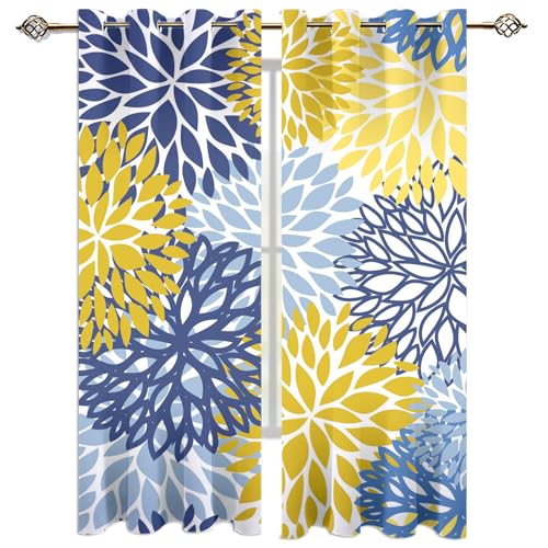 GSKOQD Gardinen Wohnzimmer Kinderzimmer Ösenvorhang Blickdicht Vorhänge 2Er Set 140X160Cm (B X H) 3D Blaue Und Gelbe Blumen Muster Verdunkelungsvorhang Schlafzimmer Fensterdekoration Thermovorhang von GSKOQD