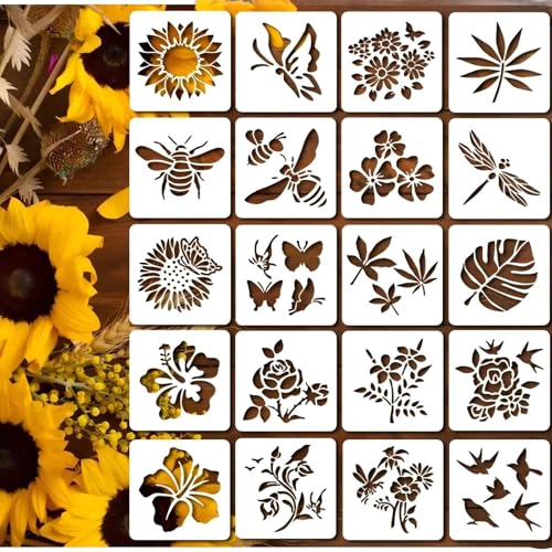 20 Stück Blumen-Malschablonen Set – Wiederverwendbare DIY-Kunstvorlagen mit Blumendesign für Scrapbooking, Holzdekoration, Möbel & Heimdekoration (20x Malvorlagen) von GSKQCRPR