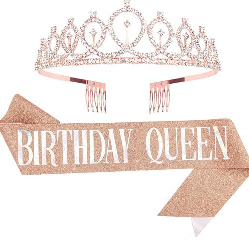 GSKQCRPR Geburtstag Königin Krone und Schärpe Set für Frauen Mädchen - Funkelnde Strass Tiara Stirnband mit Geburtstag Königin Schärpe, Glamouröser Haarschmuck und Partydekorationen für Geburtstag von GSKQCRPR