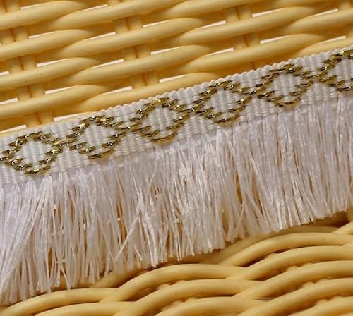 1 Stück, 15 Yards, elegante Spitzenborte mit Perlenquaste – hochwertiges Polyester-Nähstoffband for Sofa, Tischdekoration, Vorhänge(White with gold) von GSUNLEO