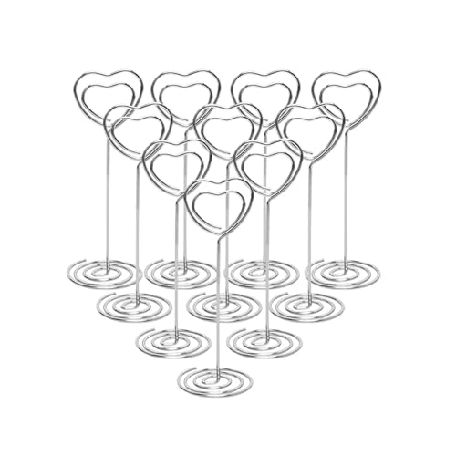GSXLZ Clips Tischnummern 10/20 Stück runder Fotohalter in Herz- und Sternform, Tischnummernhalter, Tischkarten-Papier-Menü-Clips for die Dekoration von Hochzeitsfeiern(Heart-Silver,10pcs) von GSXLZ