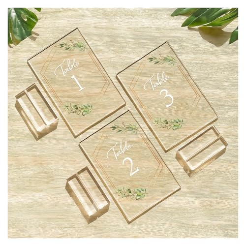 GSXLZ Clips Tischnummern Tischnummern for Hochzeiten, 1–20, mit Ständern, Goldrand, grünes Blumenmotiv, for Hochzeitsempfang, Jahrestag, Brautparty(20 Pack) von GSXLZ