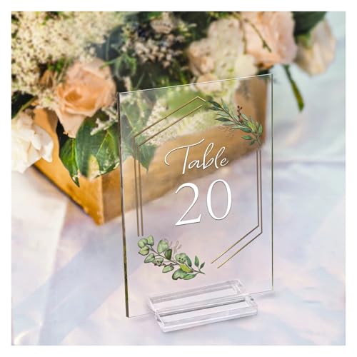 GSXLZ Clips Tischnummern Tischnummern for Hochzeiten, 1–20, mit Ständern, Goldrand, grünes Blumenmotiv, for Hochzeitsempfang, Jahrestag, Brautparty(30 Pack) von GSXLZ