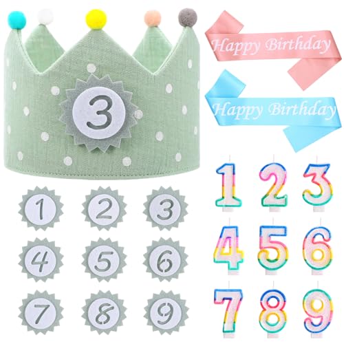 GSrenyu 21-teiliges Happy Birthday-Set – Kinder-Geburtstagskrone mit Zahlen 0–9, rosa und blaue Schärpen, Geburtstagskerzen 0–9, Filz-Happy Birthday-Hut, Baby-Foto-Requisiten, Partyzubehör, Geschenke von GSrenyu