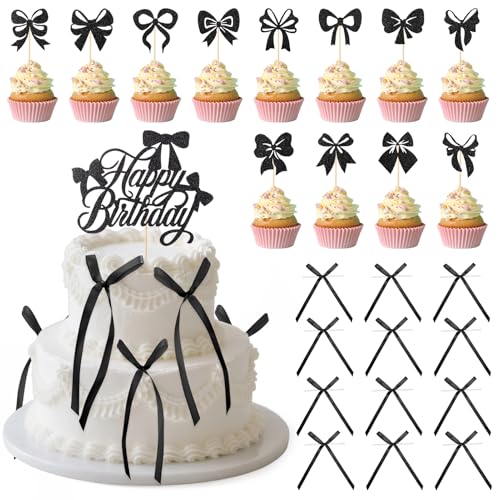 GSrenyu 25 Stück Schleifenkuchendekorationen, Schleifenkuchenaufsätze, schwarze Plektren, schwarze Schleife, Kuchendekoration für Party, Geburtstag, Babyparty, Jahrestag, Hochzeit von GSrenyu