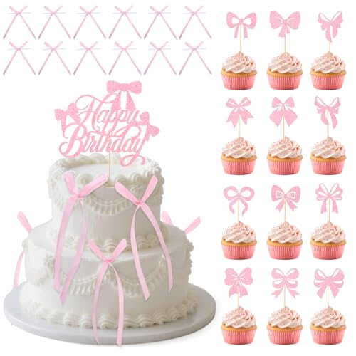 GSrenyu 25 Stück rosa Schleifen-Kuchendekorationen, Schleifen-Kuchenaufsätze, hellrosa Schleife, Kuchendekoration für Geburtstag, Babyparty, Jahrestag, Hochzeit von GSrenyu