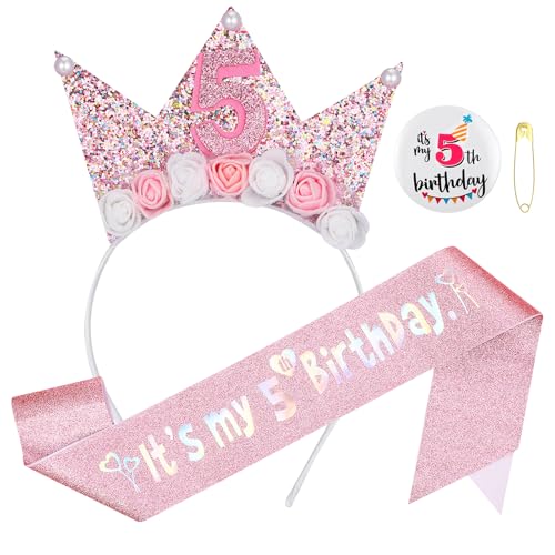 GSrenyu Dekoration zum 5. Geburtstag für Mädchen, Stirnband, Glitzer-Schärpe und Abzeichen-Set für 5 Jahre alte Mädchen, Geburtstagsdekoration, Blumen-Prinzessinnenkrone, Stirnband GSrenyu Dekoration zum 5. Geburtstag für Mädchen, Stirnband, Glitzer-Schärpe und Abzeichen-Set für 5 Jahre alte Mädchen, Geburtstagsdekoration, Blumen-Prinzessinnenkrone, Stirnband von GSrenyu