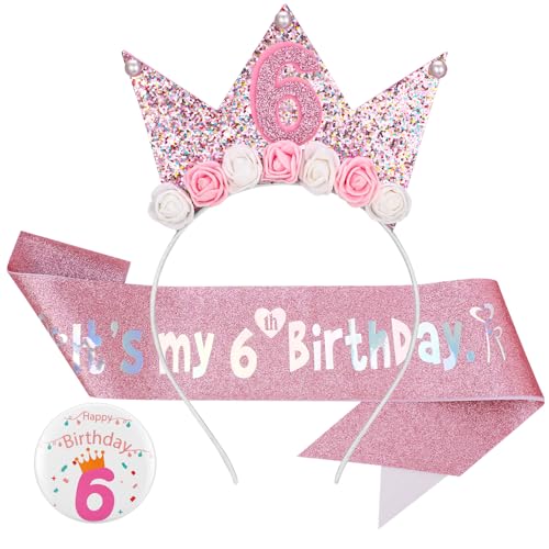GSrenyu Haarreif zum 6. Geburtstag, Glitzer-Schärpe und Abzeichen-Set für Geburtstagsdekorationen, Mädchen, Prinzessinnenkrone, Hüte, Mädchen, Stirnband für Kinder, Prinzessinnen-Party GSrenyu Haarreif zum 6. Geburtstag, Glitzer-Schärpe und Abzeichen-Set für Geburtstagsdekorationen, Mädchen, Prinzessinnenkrone, Hüte, Mädchen, Stirnband für Kinder, Prinzessinnen-Party von GSrenyu